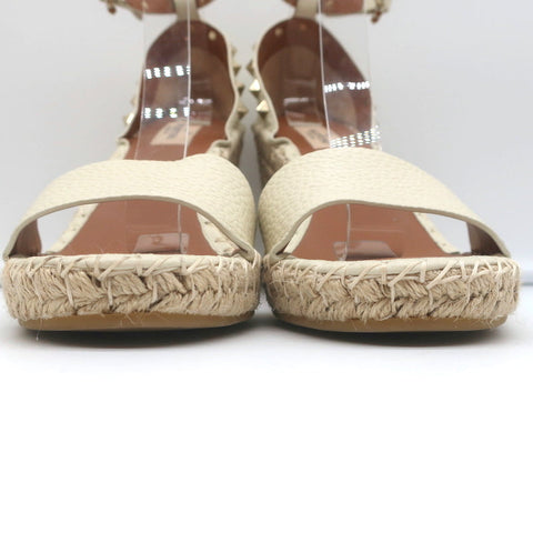 Valentino Rockstud Espadrille Wedge Sandals Cream Grained Leather Size 40