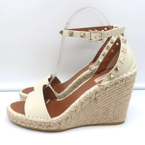 Valentino Rockstud Espadrille Wedge Sandals Cream Grained Leather Size 40
