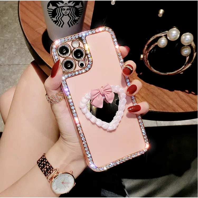 Rhinestone Love Makeup Mirror Phone Case For iphone lbcase