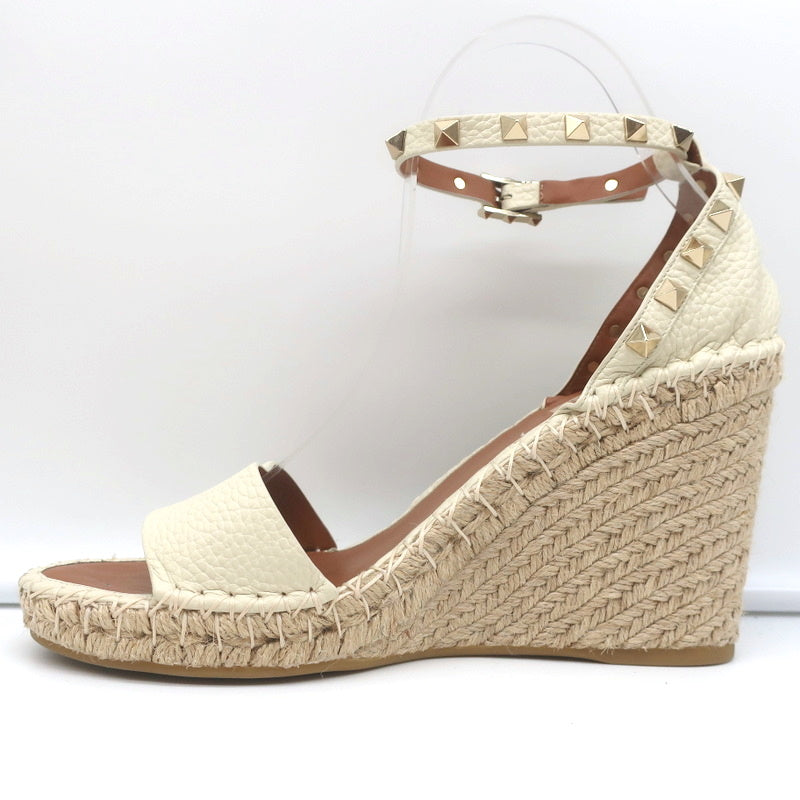 Valentino Rockstud Espadrille Wedge Sandals Cream Grained Leather Size 40