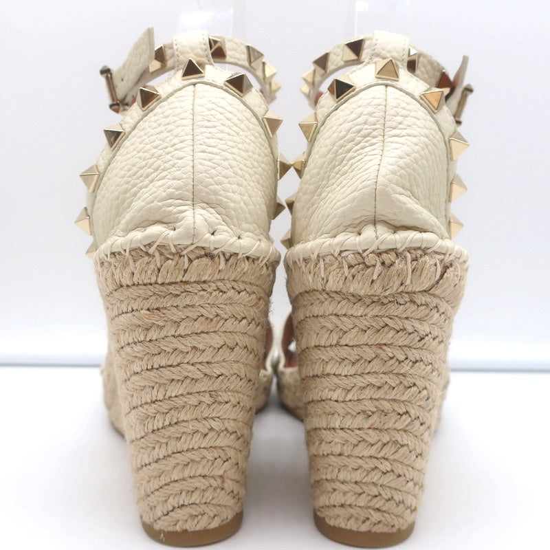 Valentino Rockstud Espadrille Wedge Sandals Cream Grained Leather Size 40