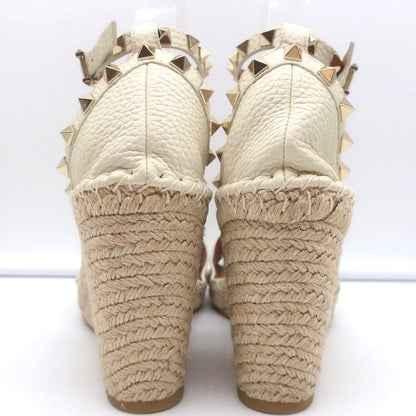 Valentino Rockstud Espadrille Wedge Sandals Cream Grained Leather Size 40