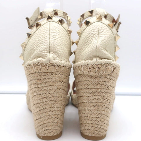 Valentino Rockstud Espadrille Wedge Sandals Cream Grained Leather Size 40