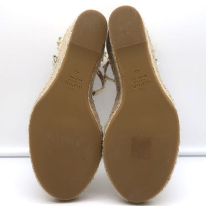 Valentino Rockstud Espadrille Wedge Sandals Cream Grained Leather Size 40