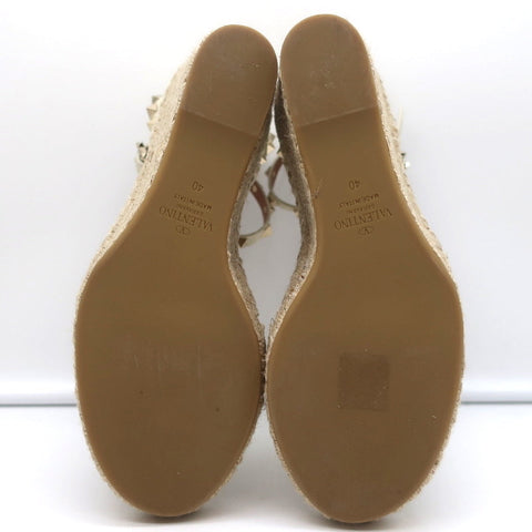Valentino Rockstud Espadrille Wedge Sandals Cream Grained Leather Size 40