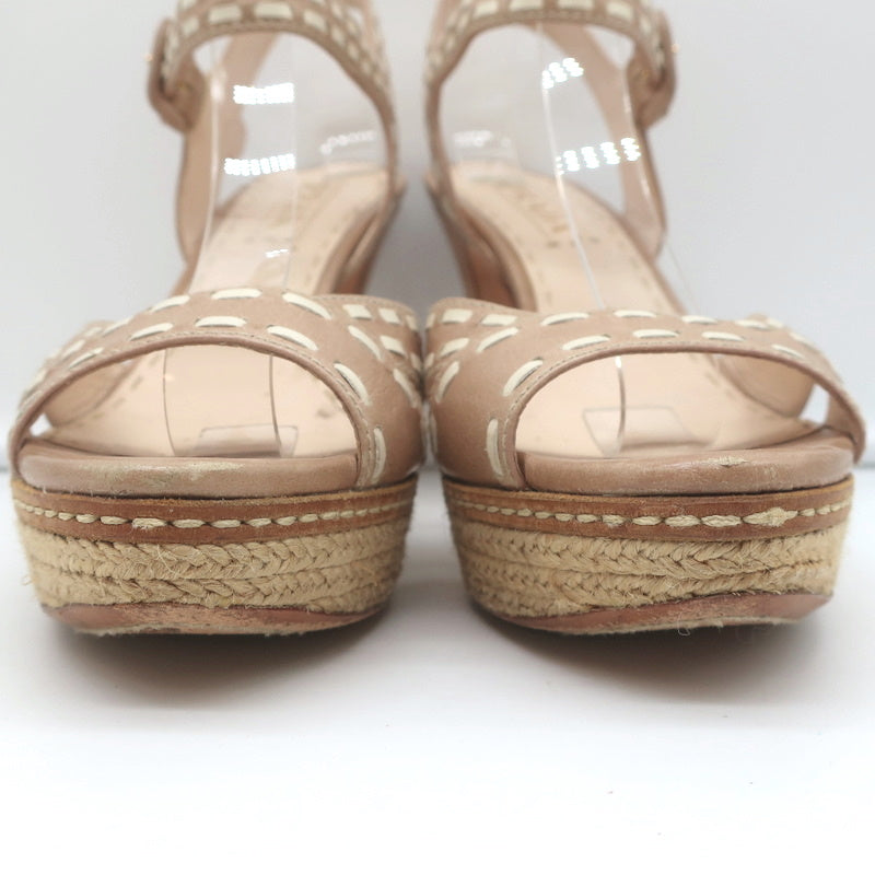 Prada Espadrille Platform Sandals Nude Leather Size 38.5 Ankle Strap Heels