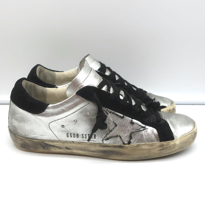 Golden Goose Superstar Embroidered Sneakers Silver Metallic Leather Size 37