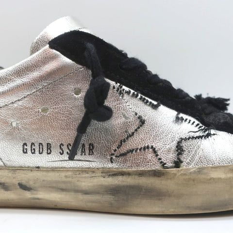 Golden Goose Superstar Embroidered Sneakers Silver Metallic Leather Size 37