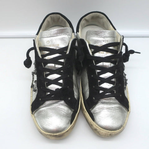 Golden Goose Superstar Embroidered Sneakers Silver Metallic Leather Size 37