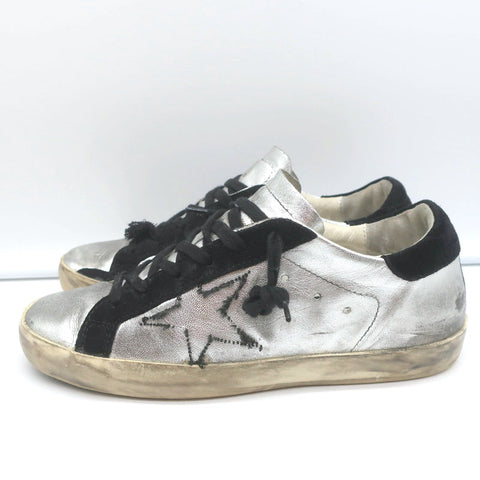 Golden Goose Superstar Embroidered Sneakers Silver Metallic Leather Size 37