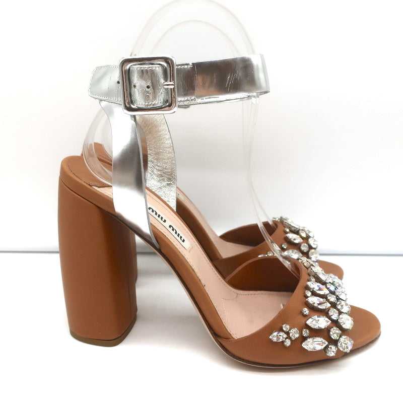 Crystal-Embellished Two Tone Sandals Brown & Silver Leather Size 36