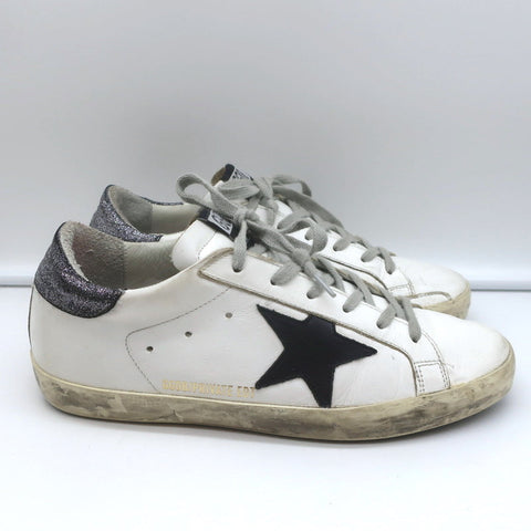 Golden Goose Superstar Glitter Heel Tab Sneakers White & Black Leather Size 38