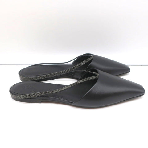Brunello Cucinelli Monili-Embellished Mules Black Leather Size 39 Slip-On Flats