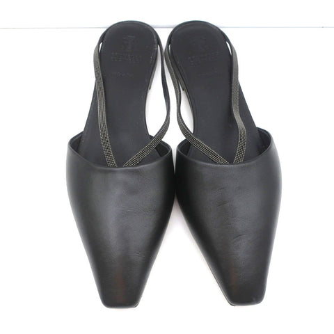 Brunello Cucinelli Monili-Embellished Mules Black Leather Size 39 Slip-On Flats