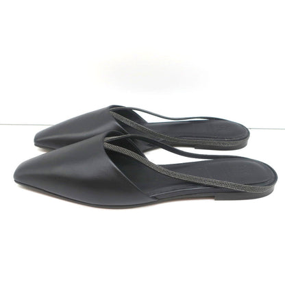 Brunello Cucinelli Monili-Embellished Mules Black Leather Size 39 Slip-On Flats