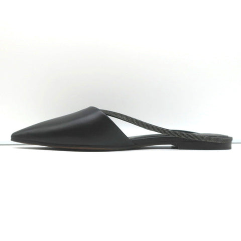 Brunello Cucinelli Monili-Embellished Mules Black Leather Size 39 Slip-On Flats