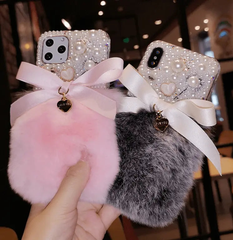 Women's Rhinestone Butterfly Rabbit Plush Phone Case lbcase