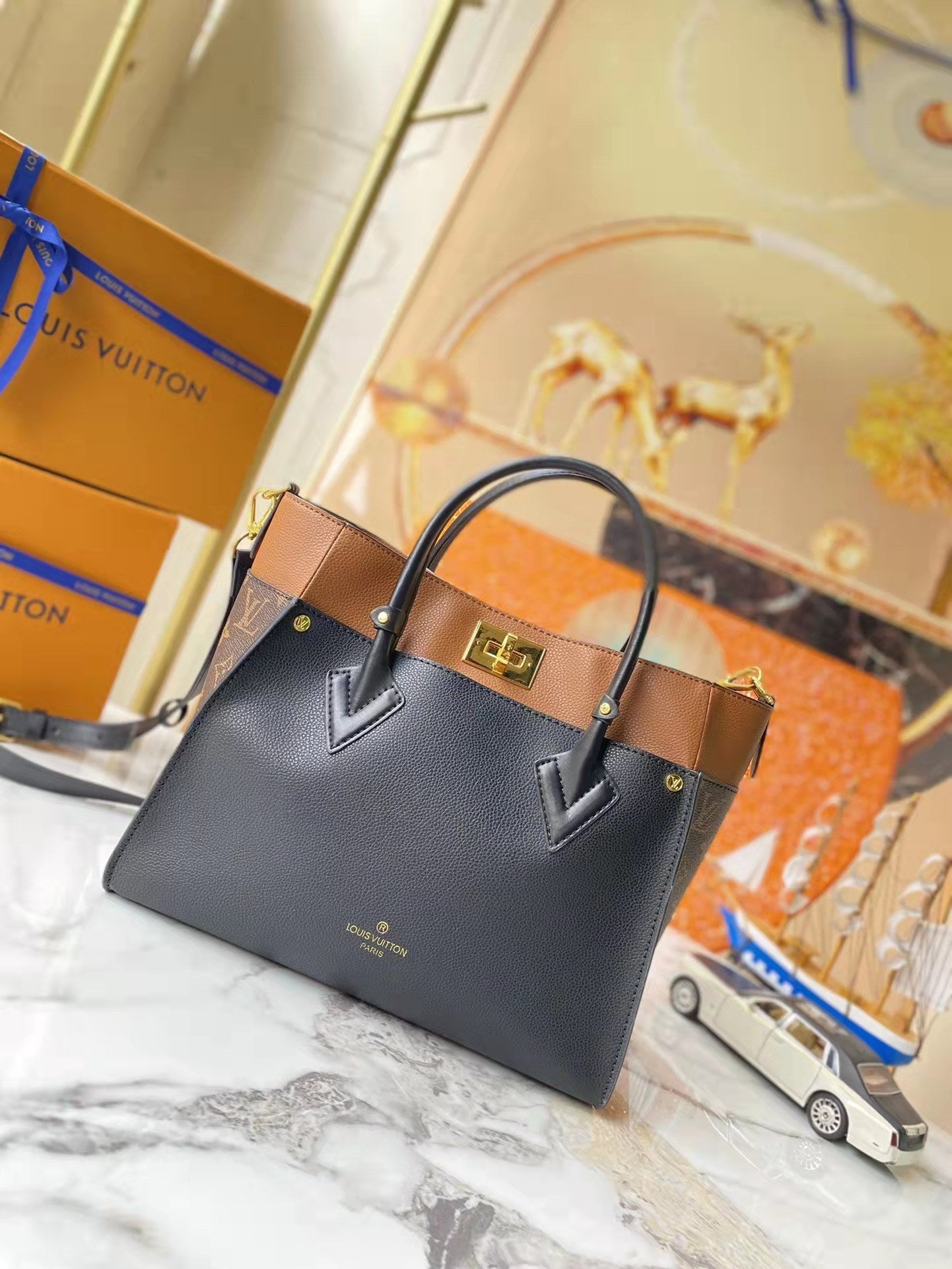 Leather and canvas combined handbag lbcase