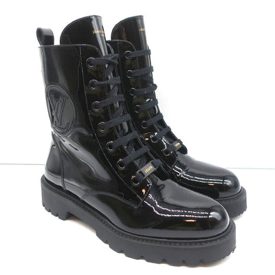 Louis Vuitton Territory Flat Ranger Logo Boots Black Patent Leather Size 40 NEW