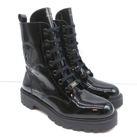 Louis Vuitton Territory Flat Ranger Logo Boots Black Patent Leather Size 40 NEW