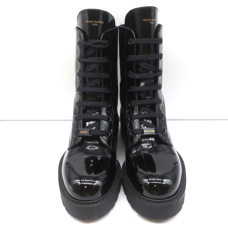 Louis Vuitton Territory Flat Ranger Logo Boots Black Patent Leather Size 40 NEW
