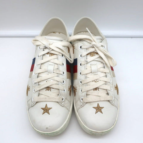 Gucci Ace Bees & Stars Embroidered Sneakers White Leather Size 35.5
