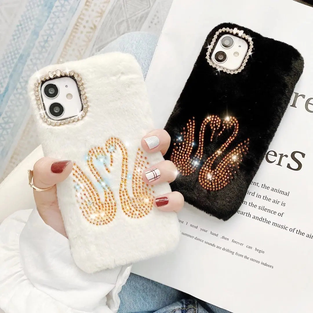 Rhinestone swan Plush phone case lbcase