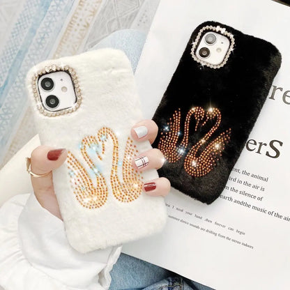Rhinestone swan Plush phone case lbcase