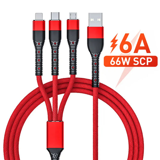 3 in 1 6A USB Cable Fast Charger Wire Type C/Micro USB/iOS Data Cable lbcase