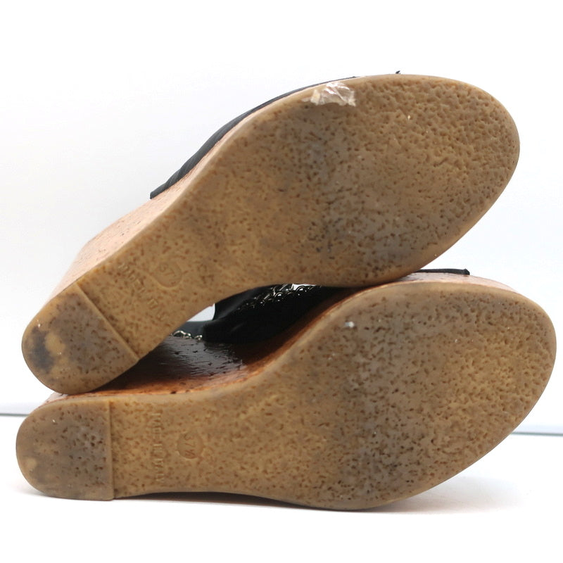 Chain-Trim Slingback Cork Platform Wedge Sandals Black Leather Size 37.5