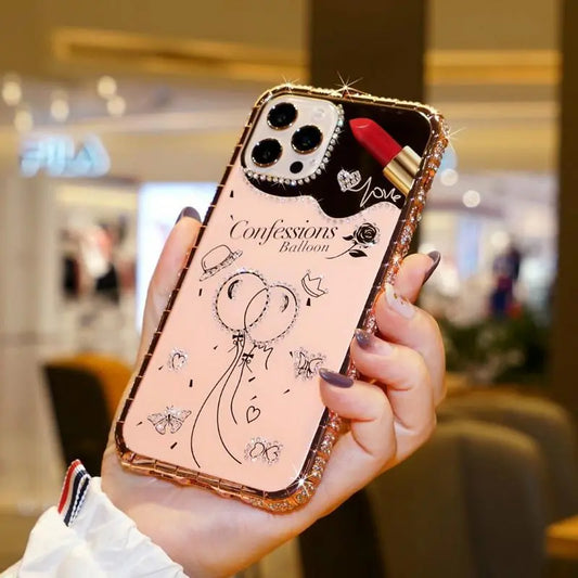 Two-in-one phone case with rhinestone frame and mirror lbcase