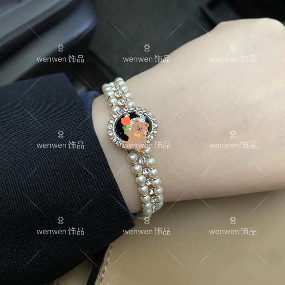 Diamond-encrusted double-layer pearl bracelet lbcase