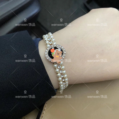 Diamond-encrusted double-layer pearl bracelet lbcase