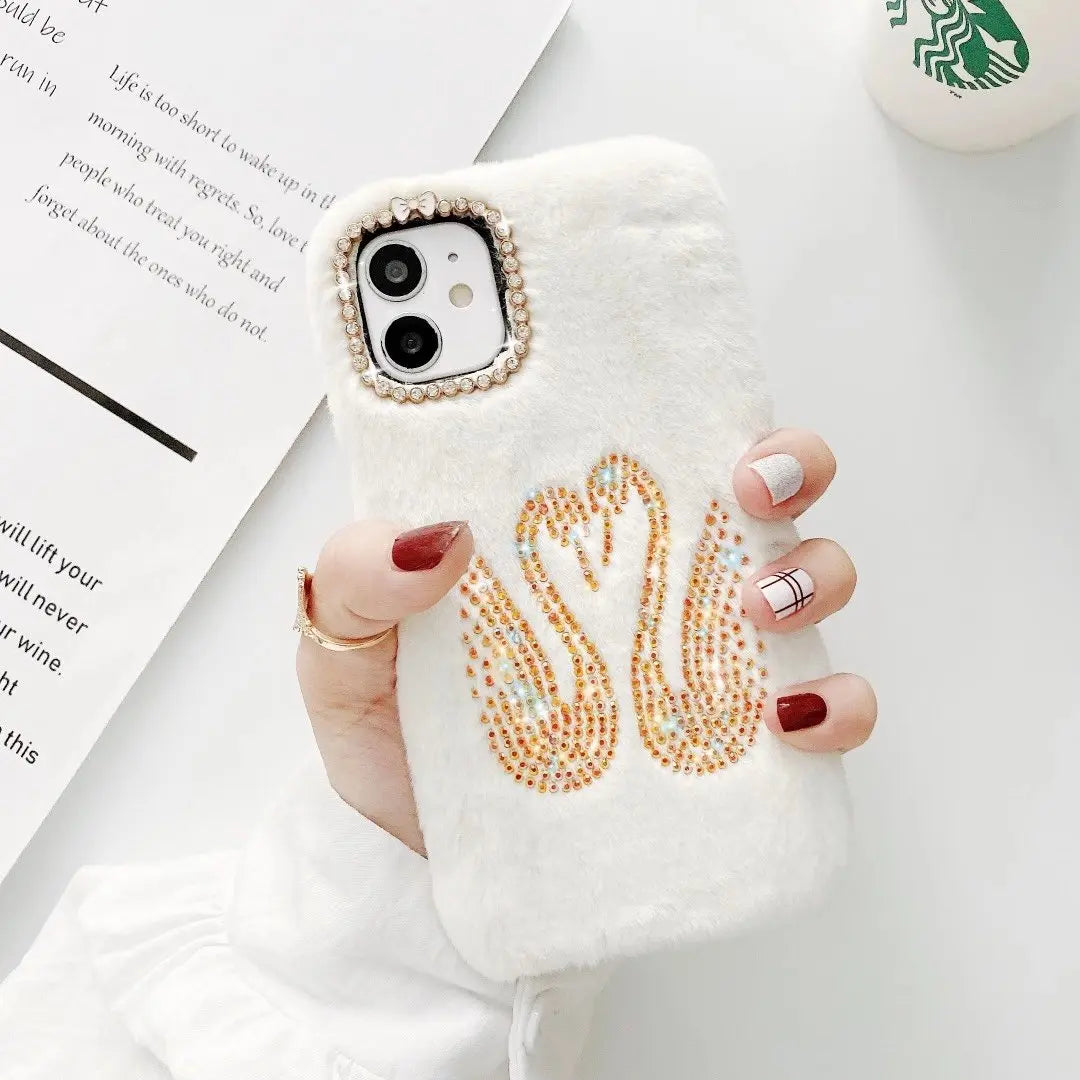 Rhinestone swan Plush phone case lbcase