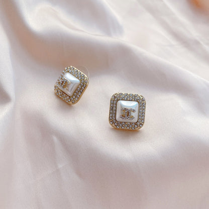 Fashion Pearl Diamond Square Stud Earrings lbcase