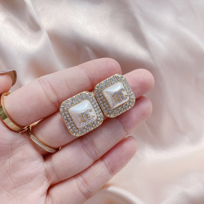 Fashion Pearl Diamond Square Stud Earrings lbcase