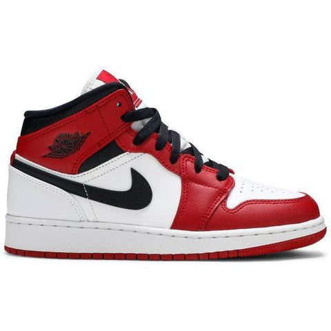 Nike Air Jordan 1 Mid GS 'Chicago white toe'.