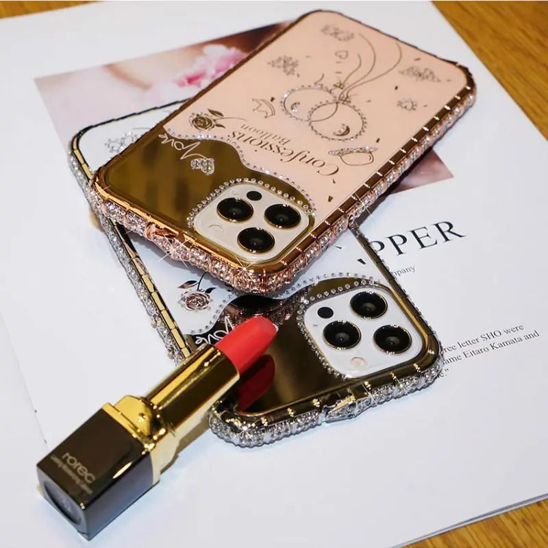 Two-in-one phone case with rhinestone frame and mirror lbcase