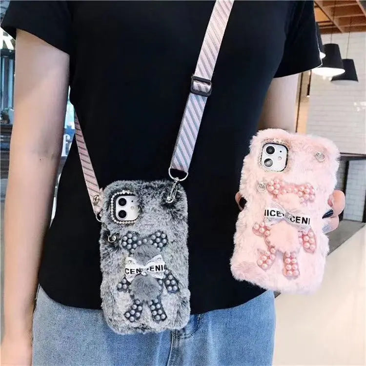 Plush diagonal strap phone case lbcase