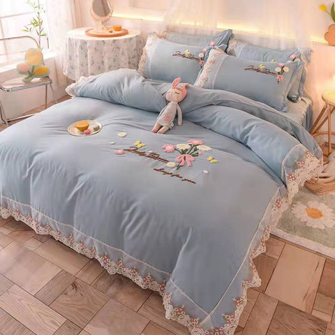 Princess Lace embroidery cotton four-piece Bed skirt bed Supplies