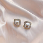 Fashion Pearl Diamond Square Stud Earrings