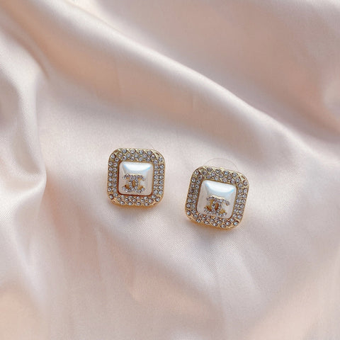 Fashion Pearl Diamond Square Stud Earrings