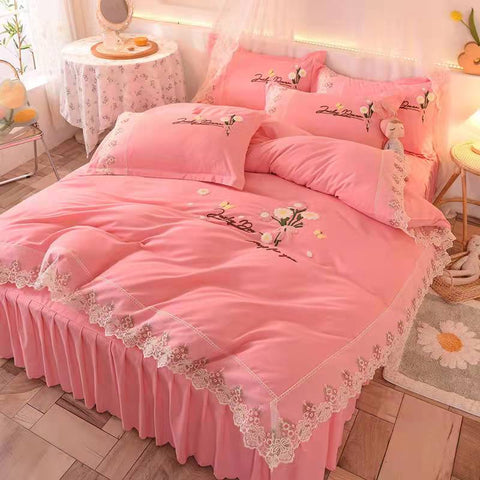 Princess Lace embroidery cotton four-piece Bed skirt bed Supplies