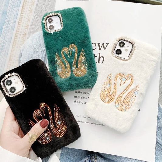 Rhinestone swan Plush phone case lbcase