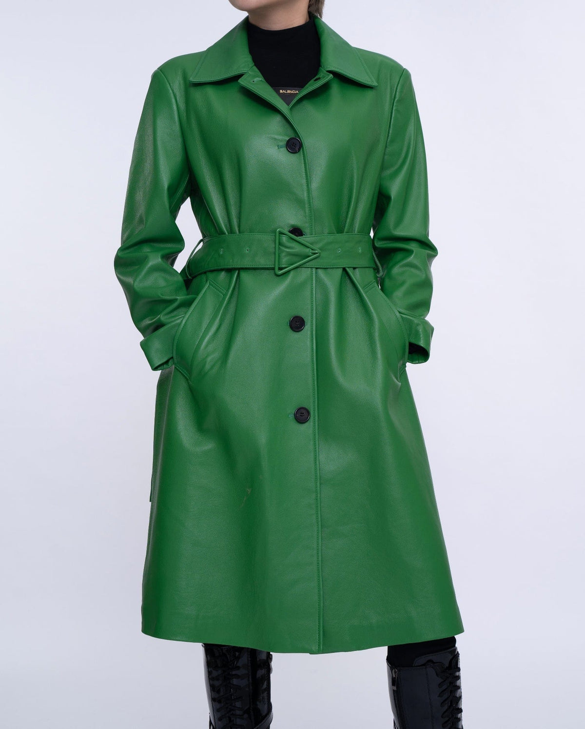 Green Belted Long Leather Trench Coat