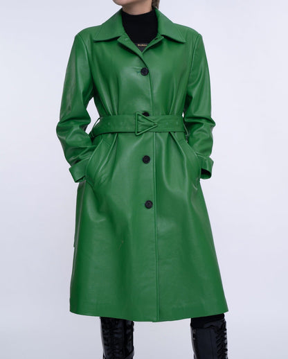 Green Belted Long Leather Trench Coat