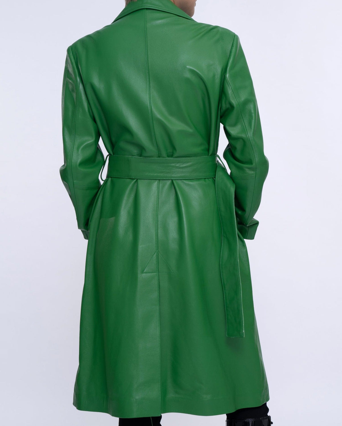 Green Belted Long Leather Trench Coat