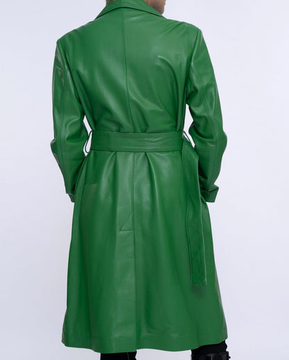 Green Belted Long Leather Trench Coat