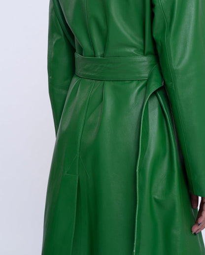 Green Belted Long Leather Trench Coat