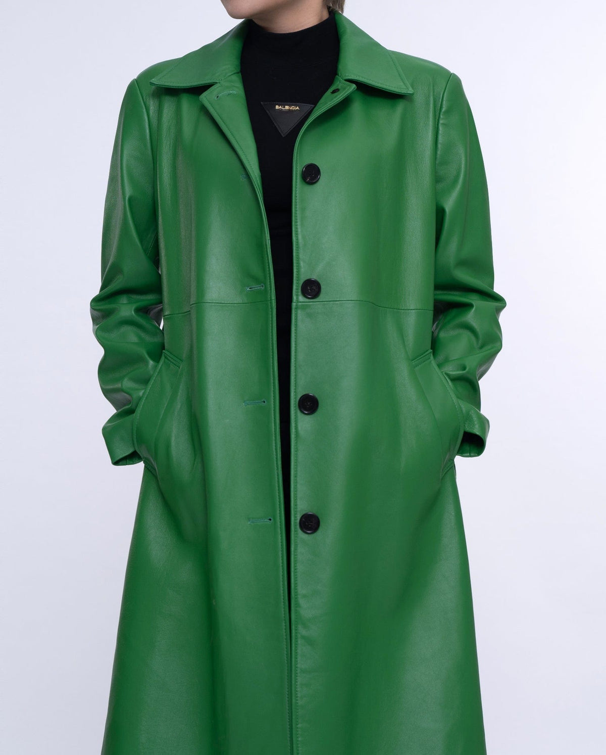 Green Belted Long Leather Trench Coat